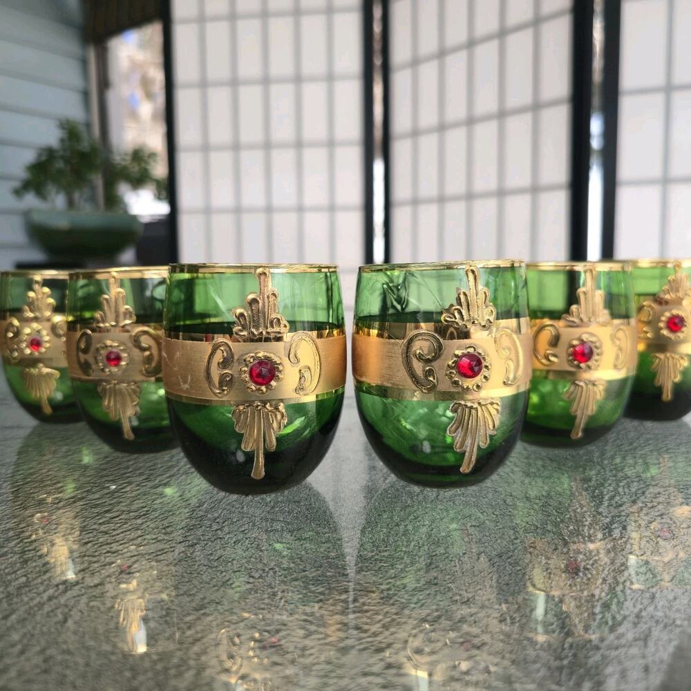 Mid Century Emerald Green & Gold Jeweled Czech Bohemian Cordial Cocktail Glasses